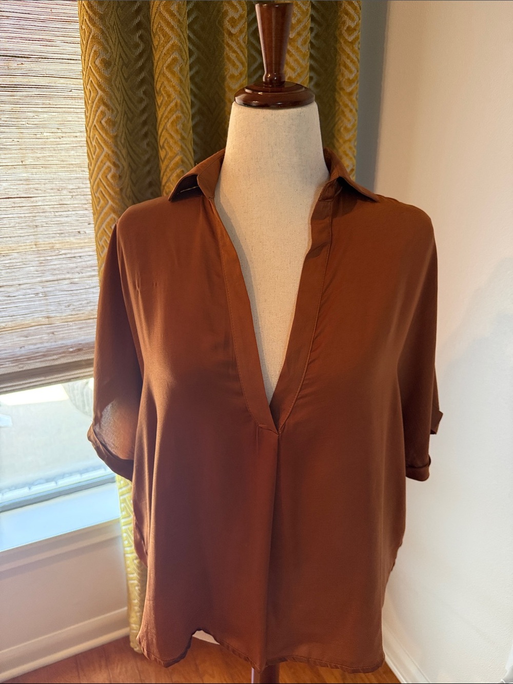 glam Chestnut Brown V-Neck Short Sleeve Blouse